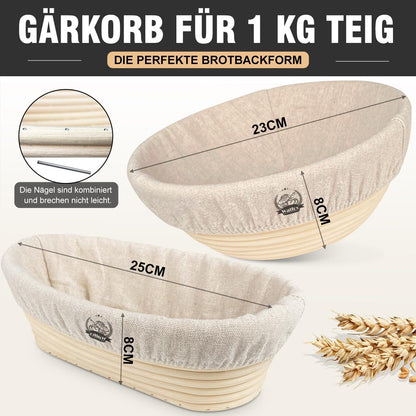 Walfos Gärkorb Brotbacken 2er-Set 23cm+25cm Natürliches Rattan inkl. Bäckermesser