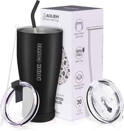 Isolierter Thermobecher mit Strohhalm und 2 Deckeln 850ml
