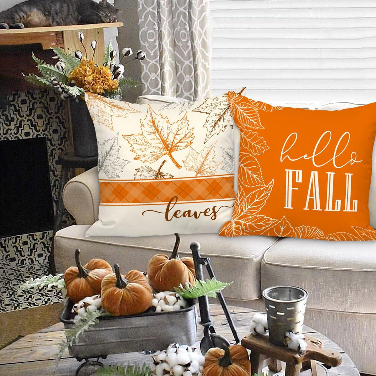 Benjia Herbst Kissenbezug Dekoration 40x40 cm - Set mit 4 Thanksgiving Halloween Kissenhüllen