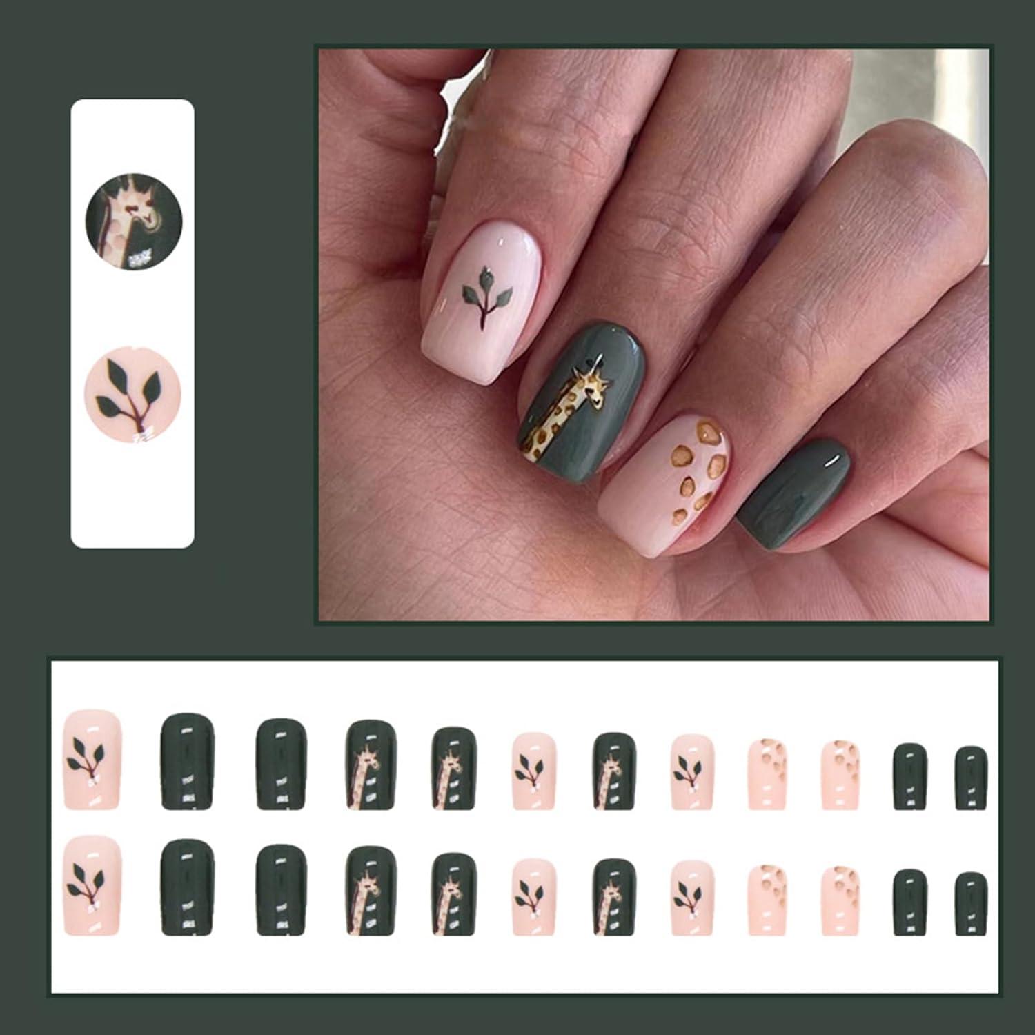 Künstliche Nägel Kurze Giraffe Grün 24er Set mit Nagelkleber