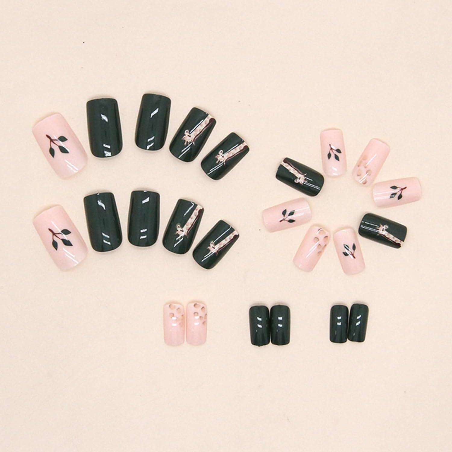 24 Stück Künstliche Nägel Grün Acryl French Press on Nails mit Nagelkleber Cute Giraffe Fingernägel