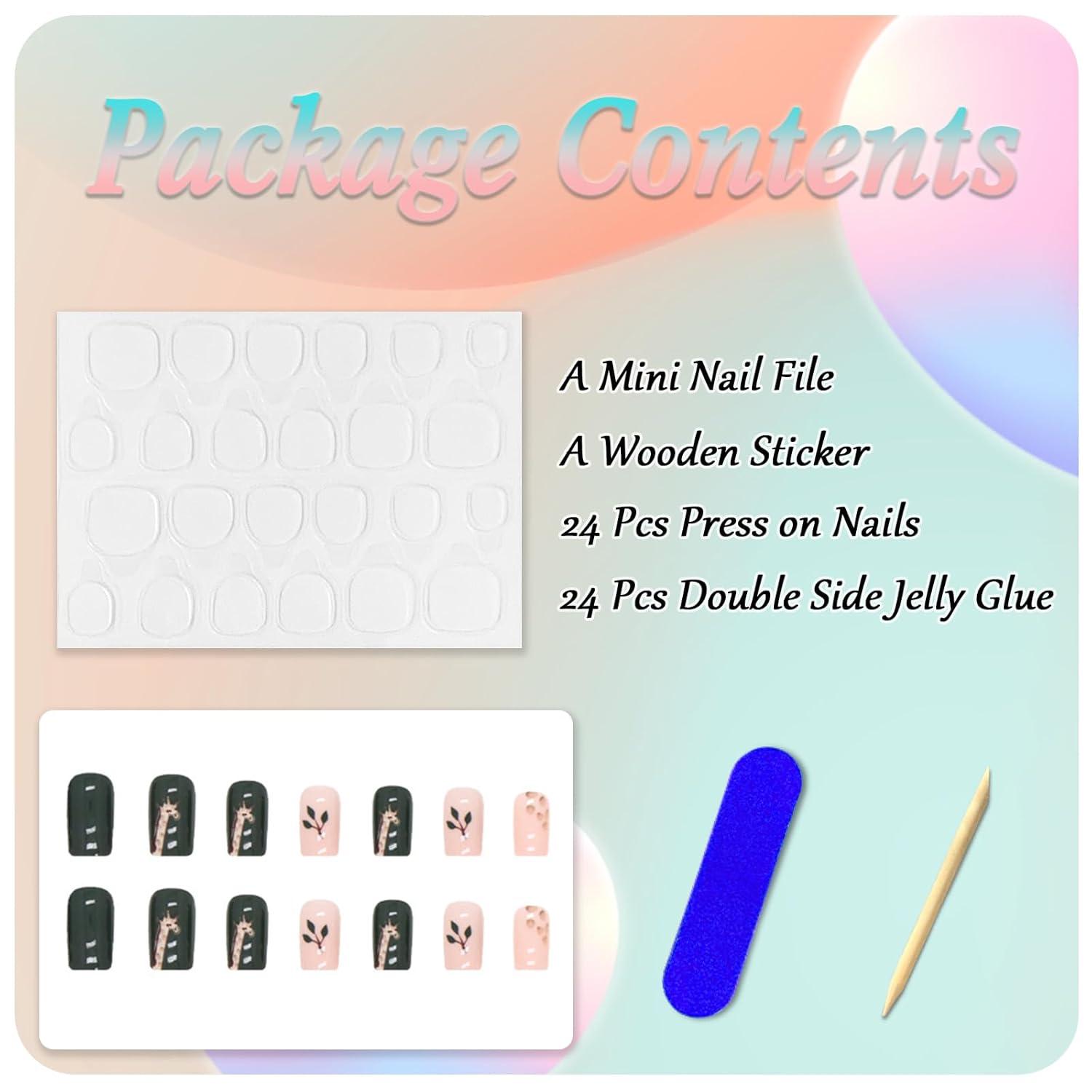 24er Set Künstliche Nägel Cute Giraffe Grün Acryl Press on Nails Nagelkleber