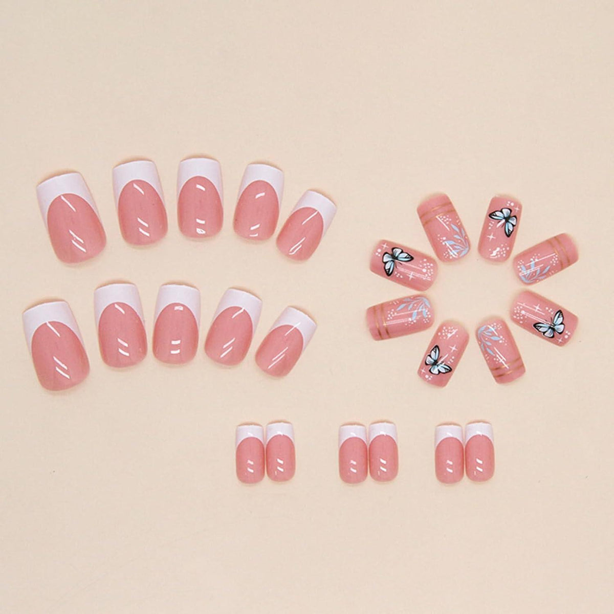 24er Set rosa-weiße French Schmetterling Kunstnägel, inkl. Nagelkleber - Ballerina Acryl Nägel für Frauen und Mädchen