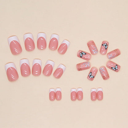 24er Set rosa-weiße French Schmetterling Kunstnägel, inkl. Nagelkleber - Ballerina Acryl Nägel für Frauen und Mädchen