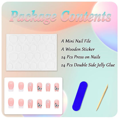 24 Stück Rosa Weiß Schmetterling Design Kunstnägel Press on Nails