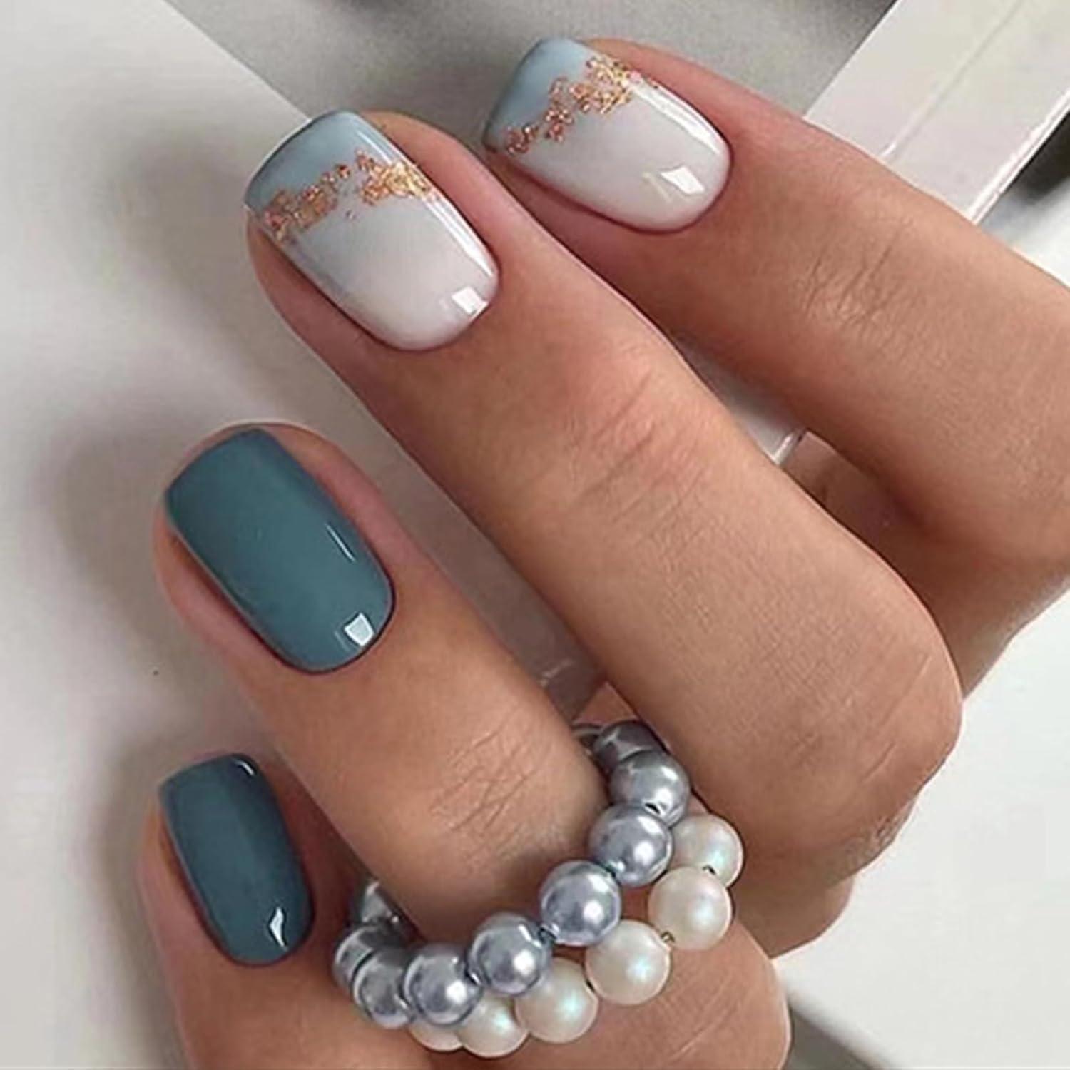 24 Stück Kunstnägel French Blau Weiß Acryl für DIY