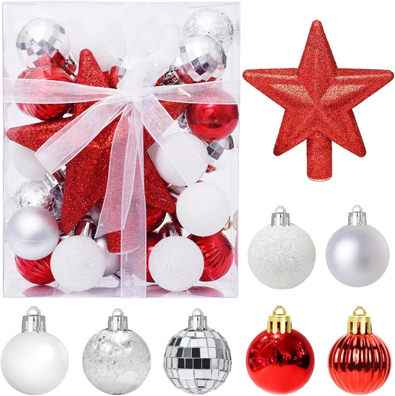 30er Mini Weihnachtskugeln-Set Rot Weiß, 3cm Christbaumkugeln