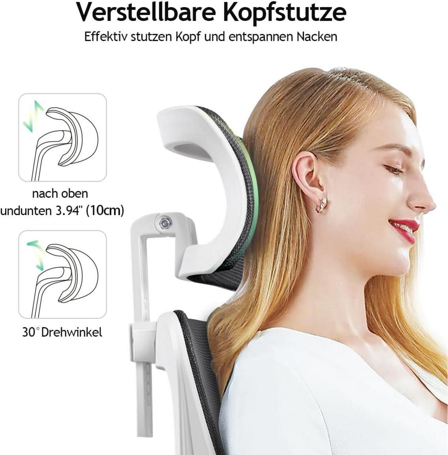 Ergonomischer Bürostuhl mit Kopfstütze und Lendenwirbelstütze, höhenverstellbar