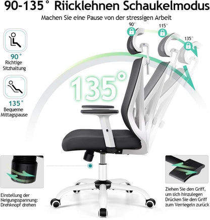 Ergonomischer Bürostuhl mit Kopfstütze, Lendenwirbelstütze, 130° Schaukel