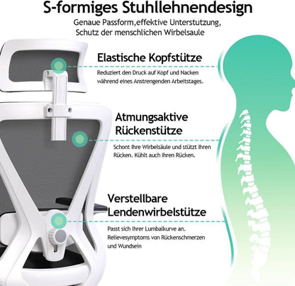 Ergonomischer Bürostuhl mit Kopfstütze, Lendenwirbelstütze, 130° Schaukel