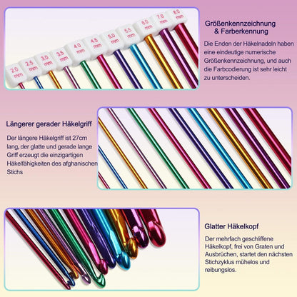 Tunesische Häkelnadeln Set mit Zubehör, Aluminium und Kunststoff, 2,0-10,0 mm, 23-teilig