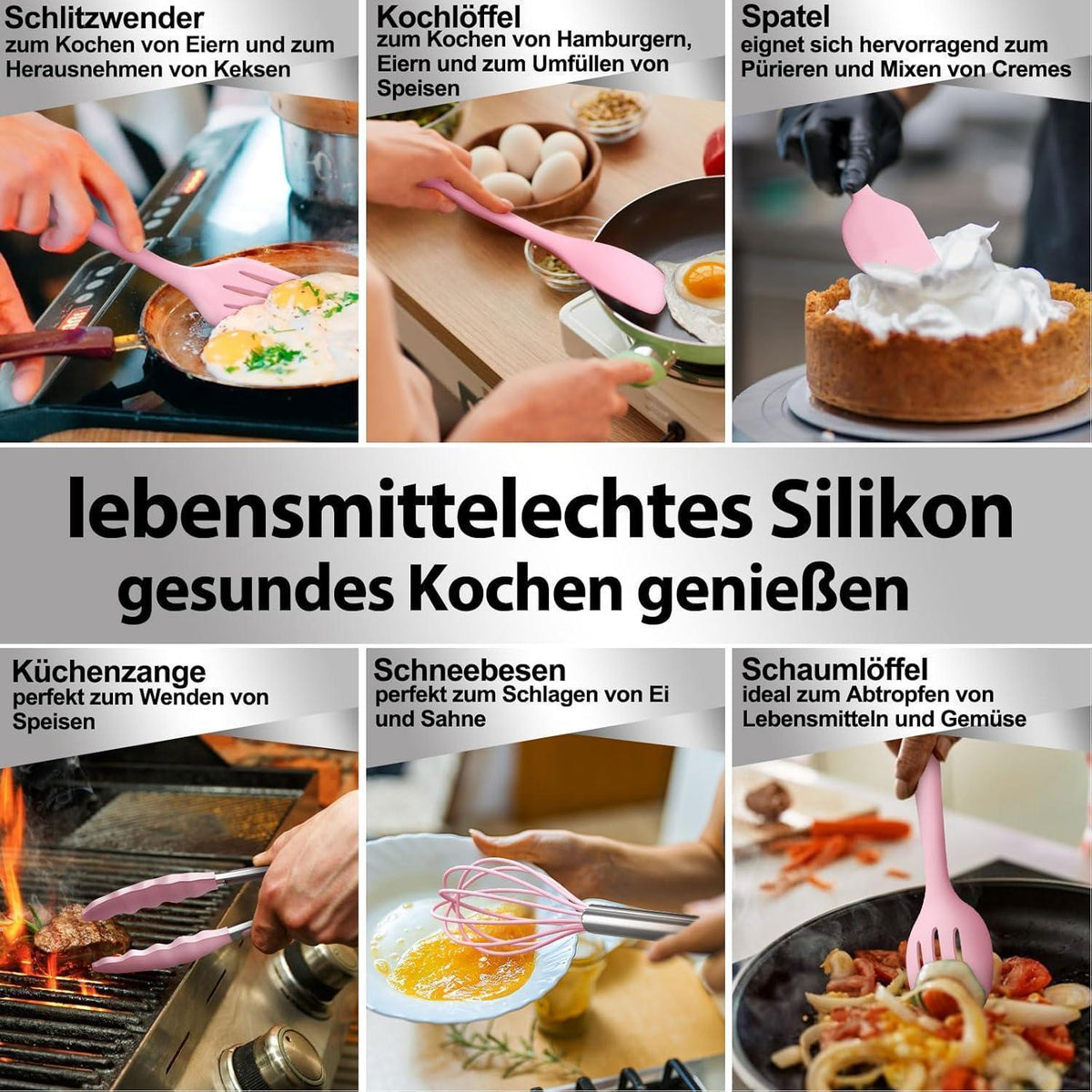 12-teiliges Silikon Küchenhelfer Set Rosa – Kochutensilien & Utensilienhalter