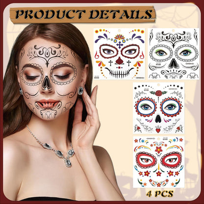 HOWAF Halloween Kostüm Damen Dia De Los Muertos Haarreif Schleier Gesicht Tattoos