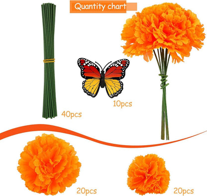 HOWAF 40 Künstliche Ringelblume Dia de Los Muertos Deko, Tag der Toten Halloween 3D Schmetterling