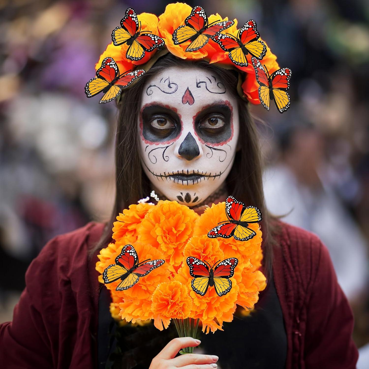 20 Künstliche Ringelblumen Dia de Los Muertos Halloween Deko 3D Schmetterling
