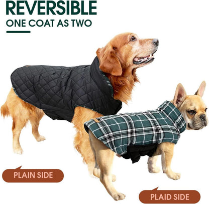 Kuoser Hundemantel Winter, Große Hunde, Fleece Wasserdicht, Outdoor mit Leinenloch, Kariert, XL Grün