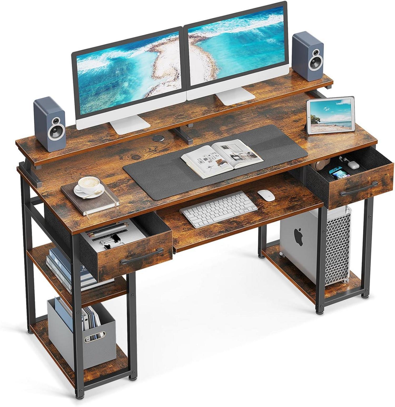 Schreibtisch mit Schubladen und Monitorständer, Braun