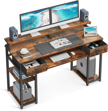 Schreibtisch mit Schubladen und Monitorständer, Braun