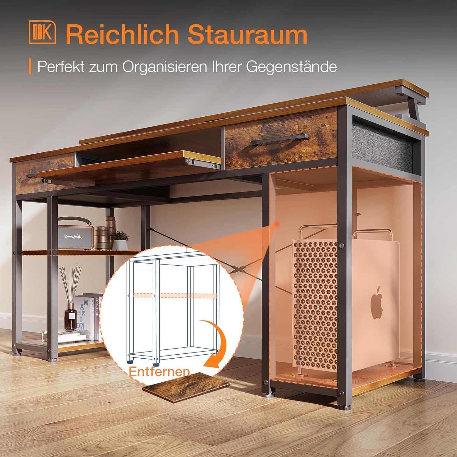 Schreibtisch mit Schubladen und Monitorständer, Braun
