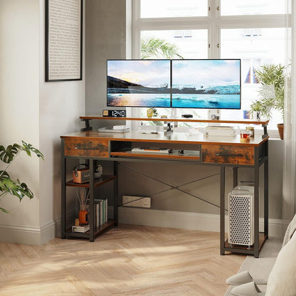 ODK Schreibtisch mit Schubladen und Monitorständer, Braun 120x48x90cm