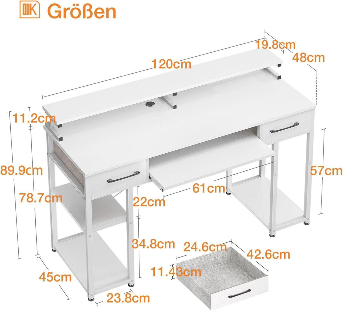 ODK Schreibtisch Weiß 120x48x90cm mit Schubladen und Monitorständer