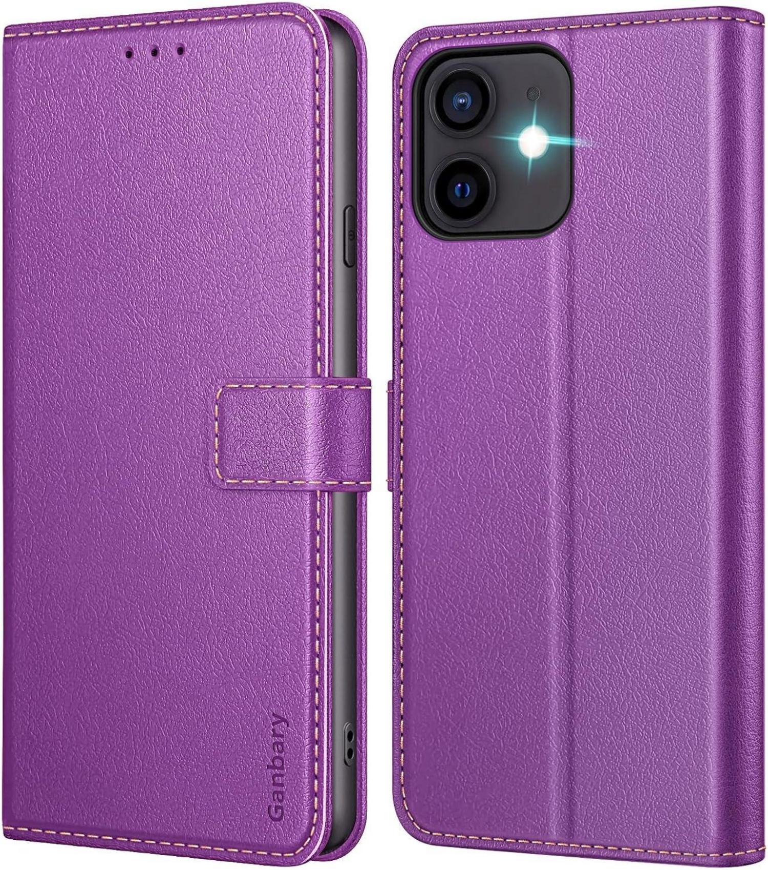 Ganbary iPhone 12/12 Pro Leder Handyhülle Violett mit Kartenschlitzen