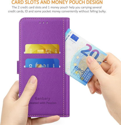 Ganbary iPhone 12/12 Pro Leder Handyhülle Violett mit Kartenschlitzen