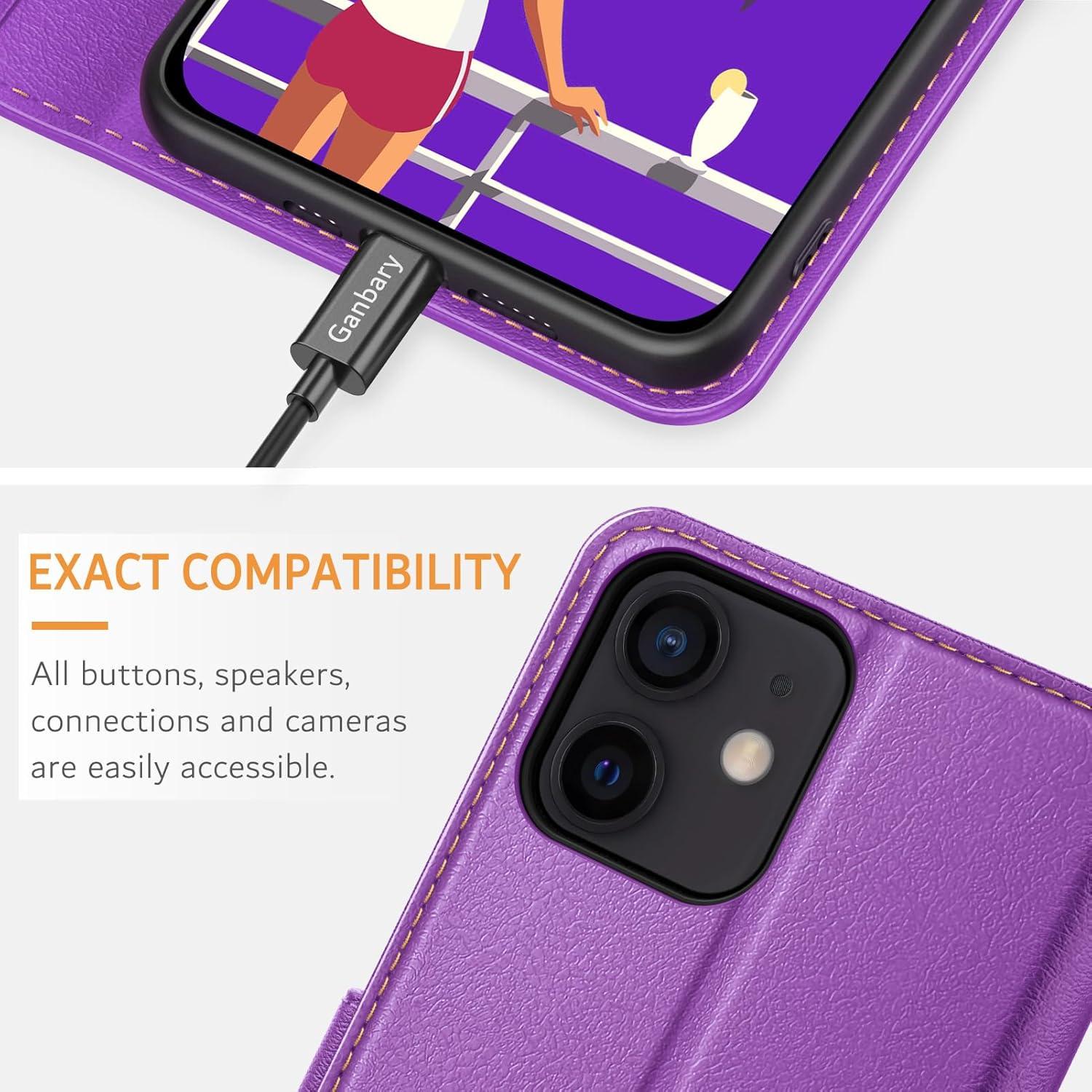 Leder Handyhülle für iPhone 12/12 Pro Violett mit Kartenschlitzen