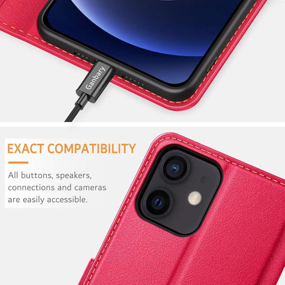 Leder Handyhülle für iPhone 12/12 Pro, Kartenschlitze, Standfunktion, Rot
