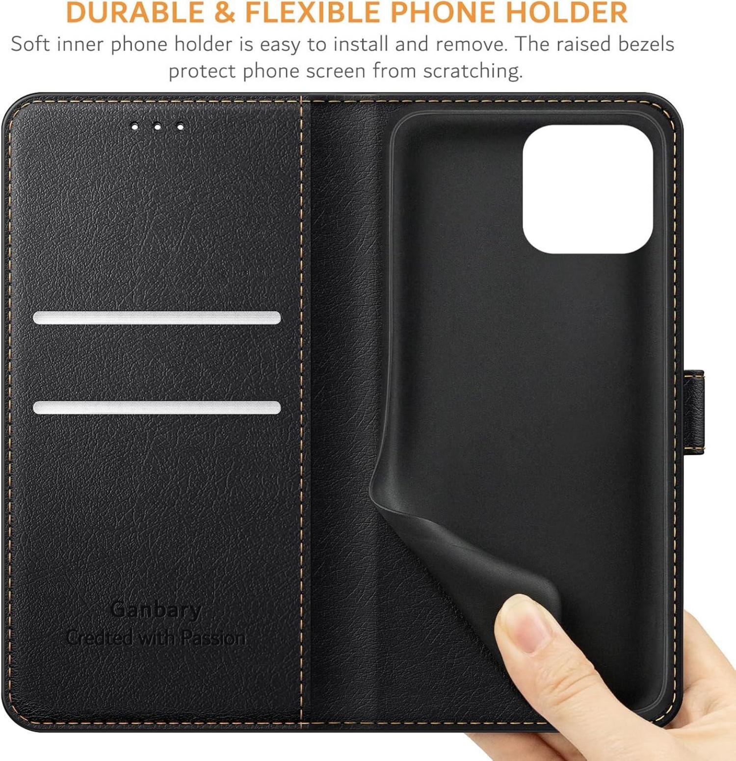 Handyhülle iPhone 12/12 Pro Schwarz Lederklapphülle Kartenfächer