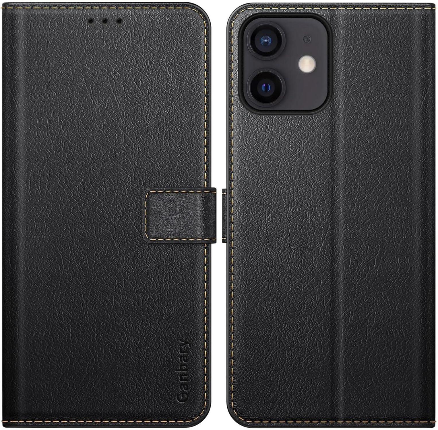 iPhone 12/12 Pro Leder Handyhülle Schwarz mit Kartenfächern & Standfunktion