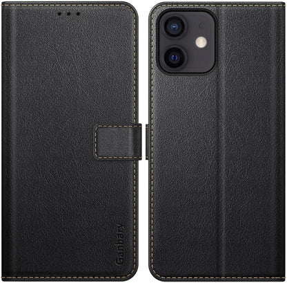 iPhone 12/12 Pro Leder Handyhülle Schwarz mit Kartenfächern & Standfunktion