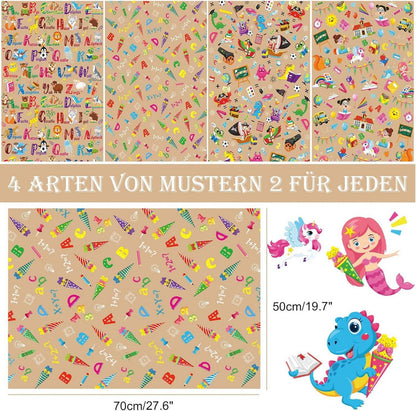 HOWAF 8er Schulanfang Geschenkpapier Einschulung ABC Mädchen