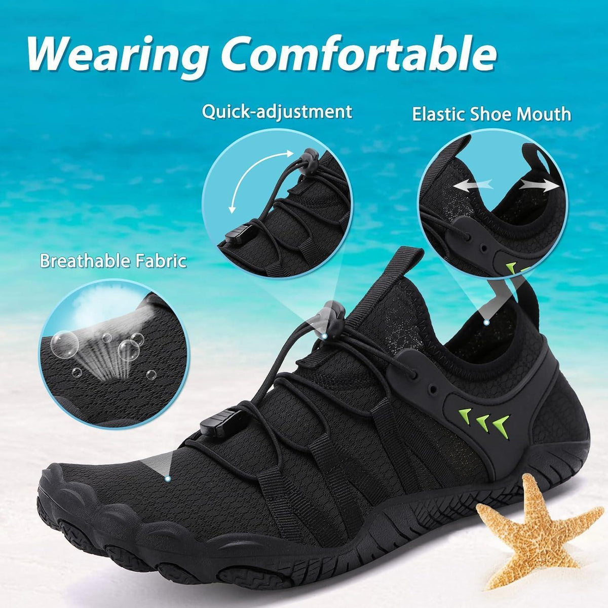 Wasserschuhe Damen Herren Schnelltrocknend mit Drainagelöchern Schwarz 36-46