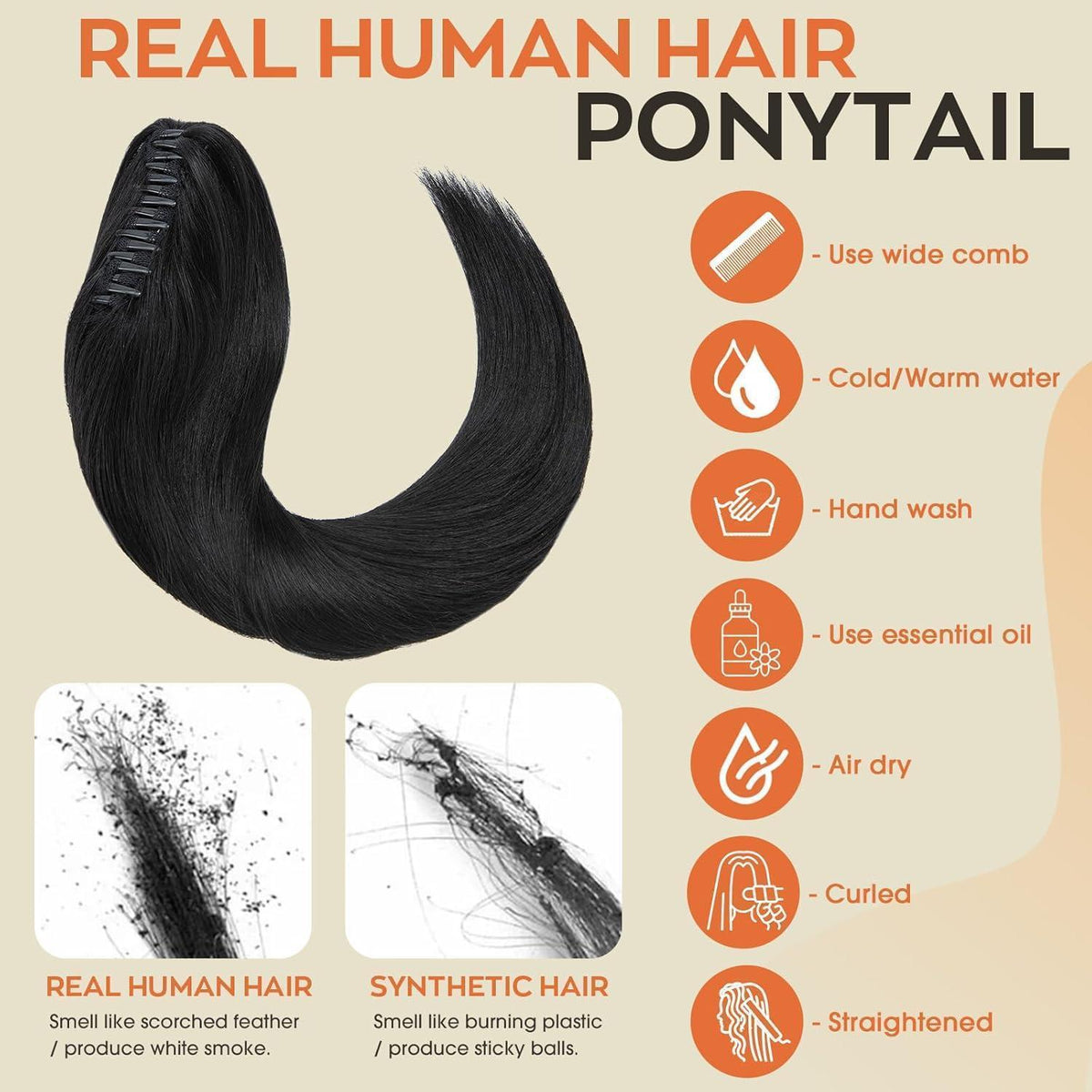 Echthaar Pferdeschwanz Extension Schwarz 35cm mit Klammer