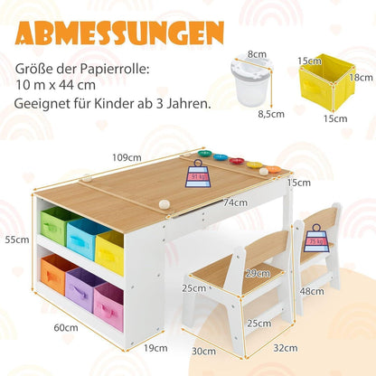 Kindertisch mit 2 Stühlen und Stauraum, kippbar, Natur