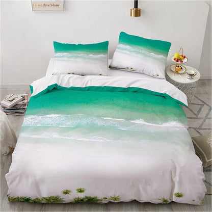 3D Meeresbettwäsche 135x200 - Grün-Weißes Strandmotiv