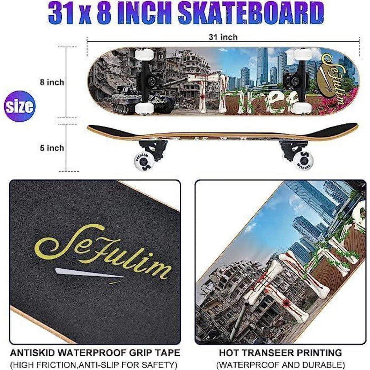 Skateboard 78,9 cm 7-lagig Kanadischer Ahorn Doppel-Kick-Deck