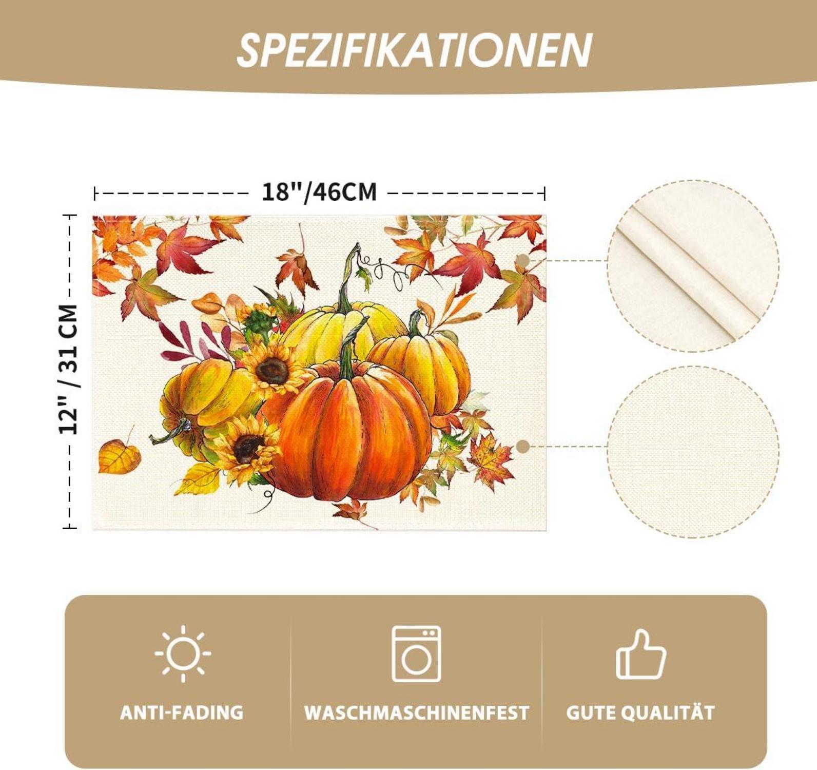 Herbst Platzsets Kürbisse Ahornblätter Sonnenblumen 6er Set 30x45cm