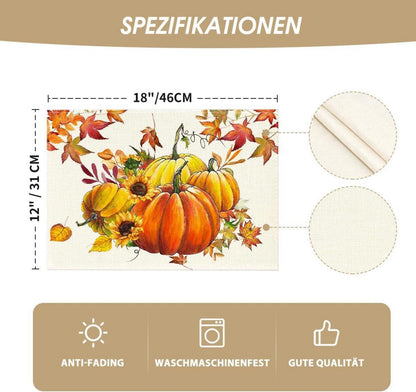 Herbst Platzsets Kürbisse Ahornblätter Sonnenblumen 6er Set 30x45cm