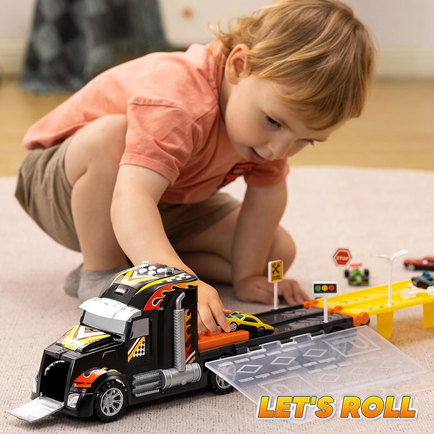 JOYIN Transporter Truck Spielzeugautos Set Jungen 12 Rennautos Sound LED