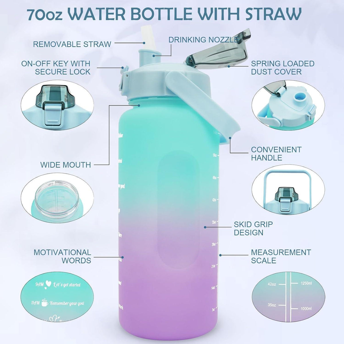 KETIEE Trinkflasche 2L: Sportflasche mit Strohhalm BPA-frei Zeitmarkierung (Grün