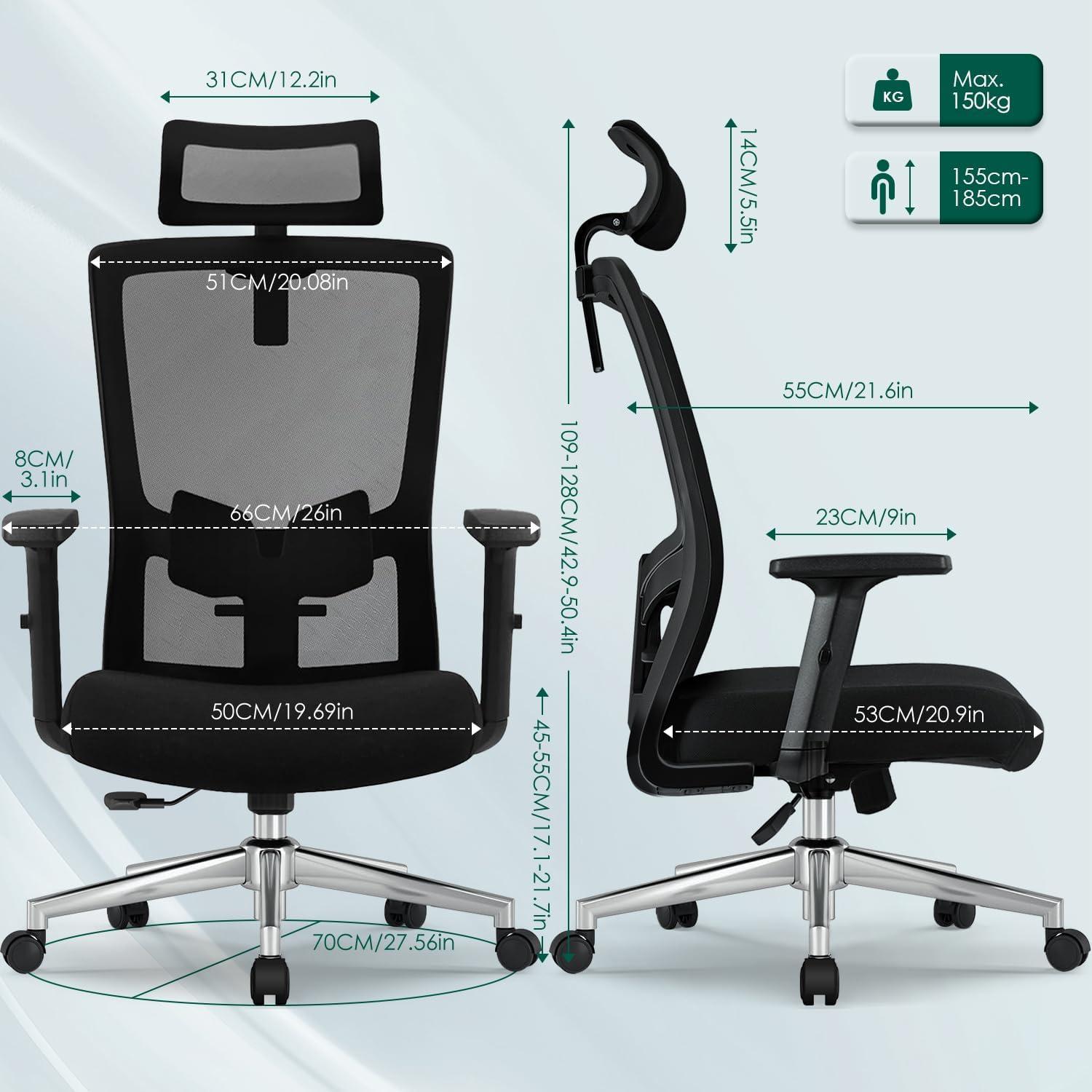 Ergonomischer Bürostuhl Verstellbar 150 kg, Drehstuhl mit