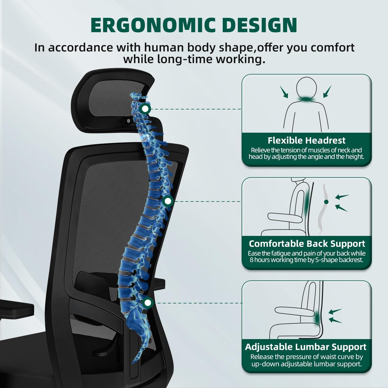 Bürostuhl Ergonomisch Verstellbare Lendenwirbelstütze Armlehnen Kopfstütze