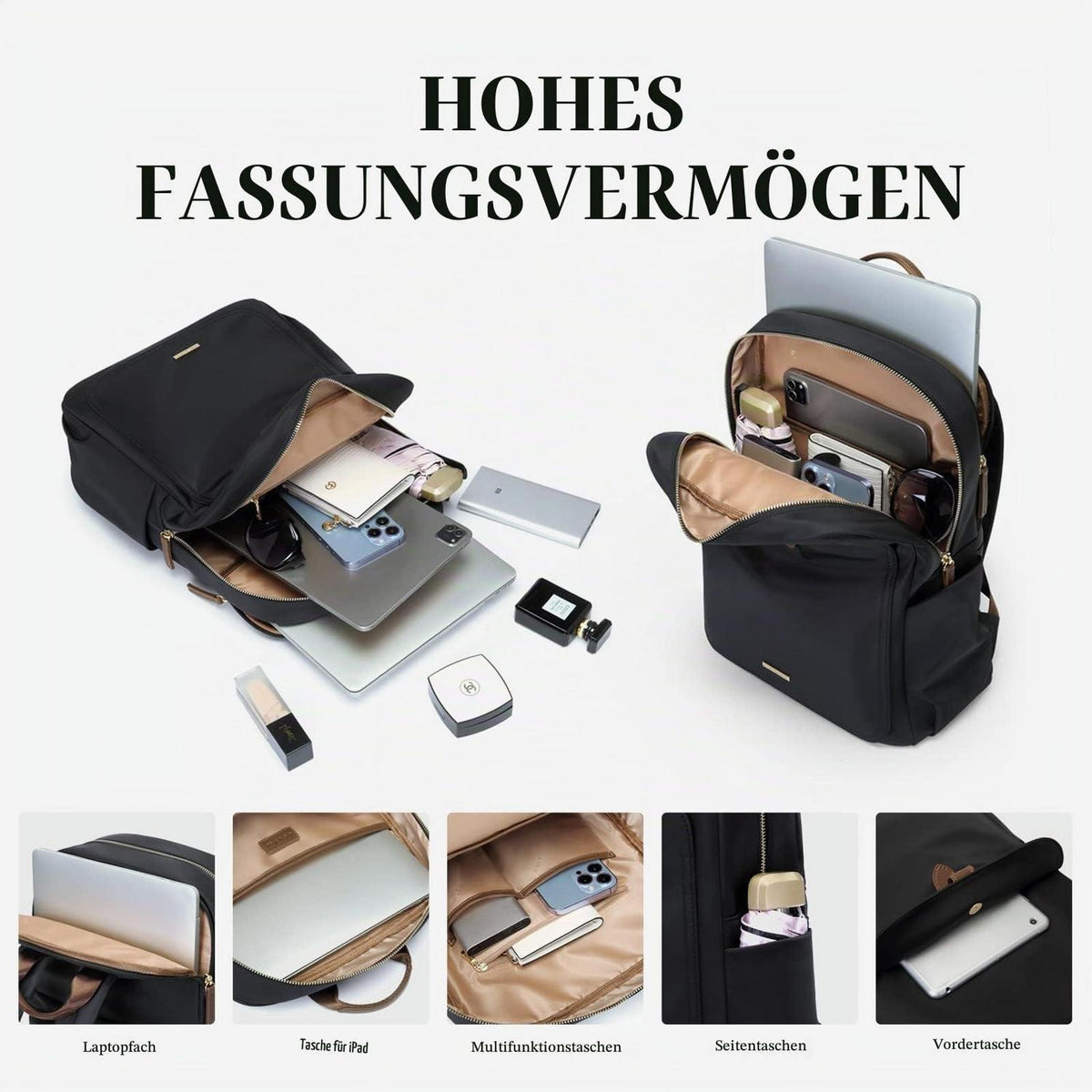 Laptop Rucksack 16 Zoll Damen & Herren – Elegante Schul- & Reisetasche Schwarz