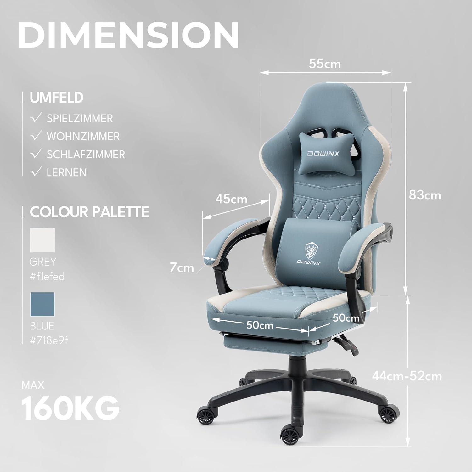 Ergonomischer Gaming Stuhl mit Massage & Fußstütze, Blau