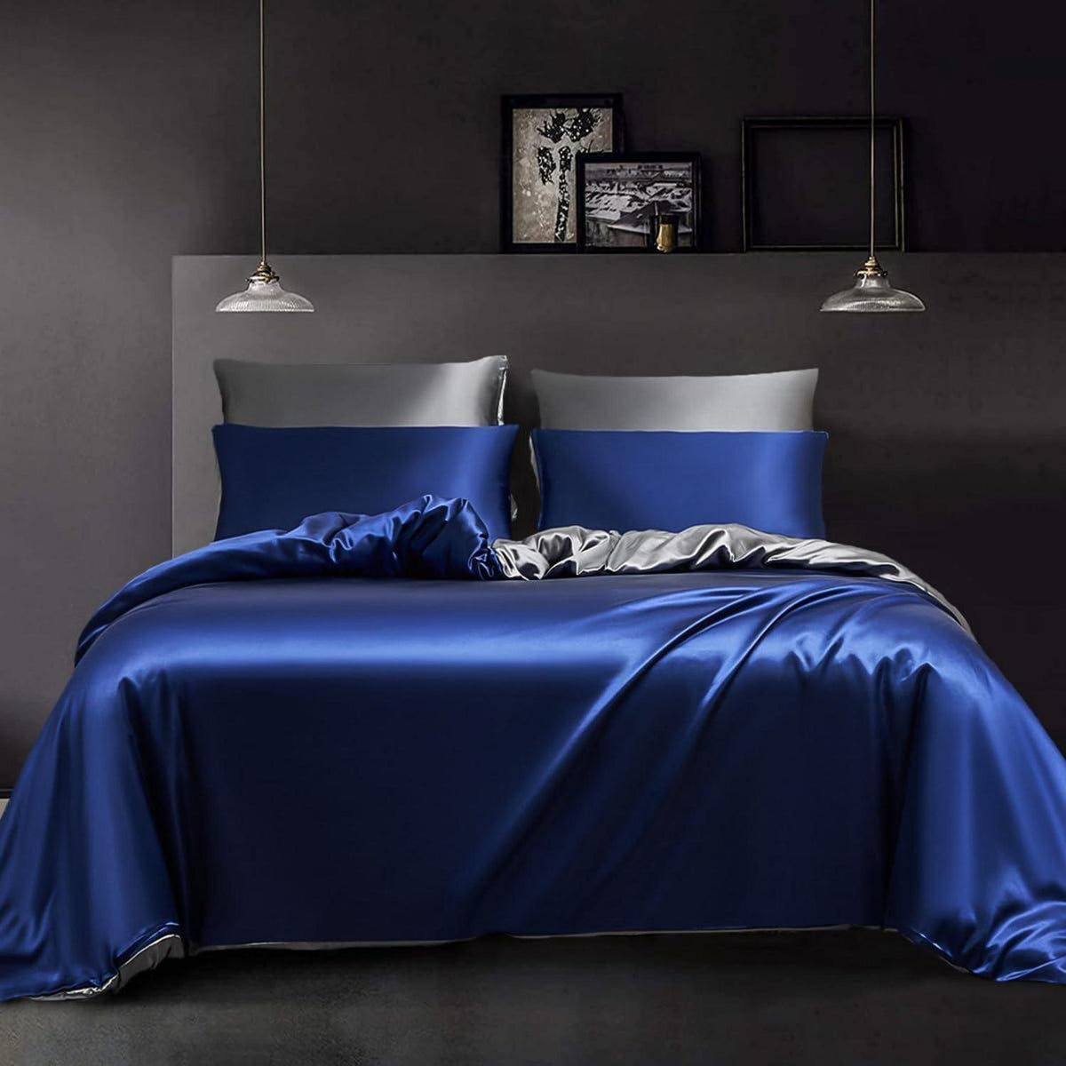 Satin Bettwäsche Set 135x200 Blau Dunkelgrau 4-teilig