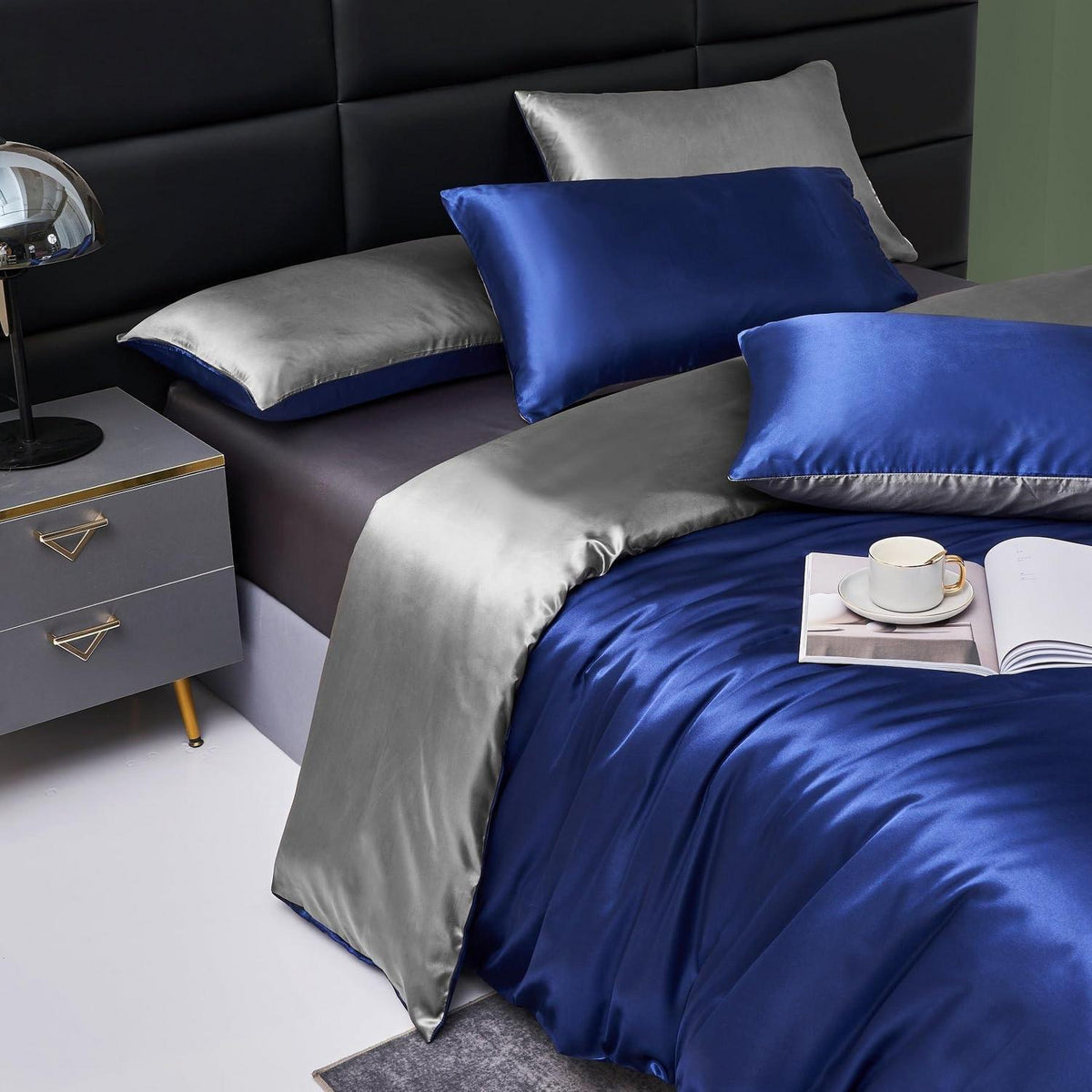 Satin Bettwäsche Set 135x200 Blau Dunkelgrau 4-teilig