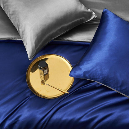 Satin Bettwäsche Set 135x200 Blau Dunkelgrau 4-teilig