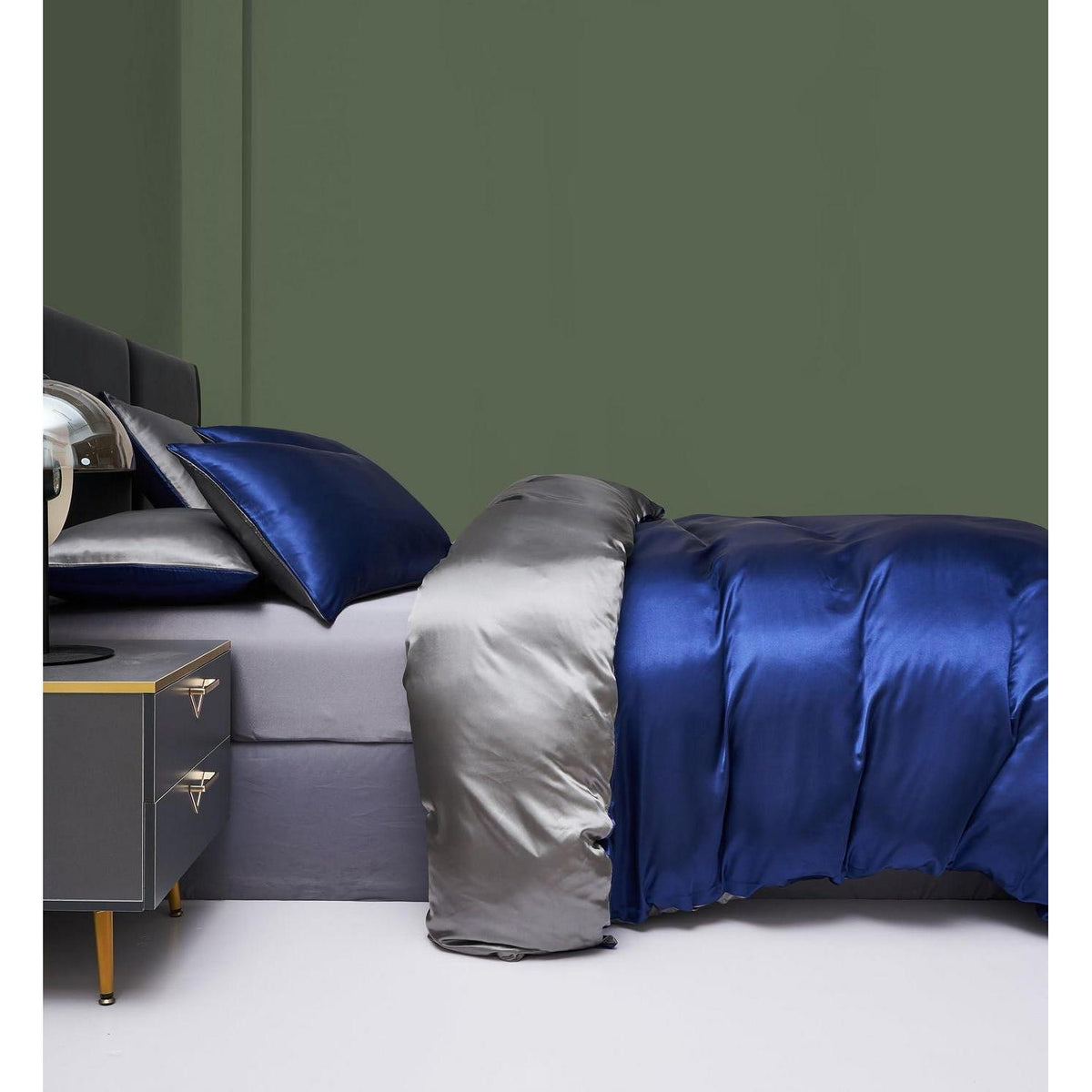 Satin Bettwäsche Set 135x200 Blau Dunkelgrau 4-teilig